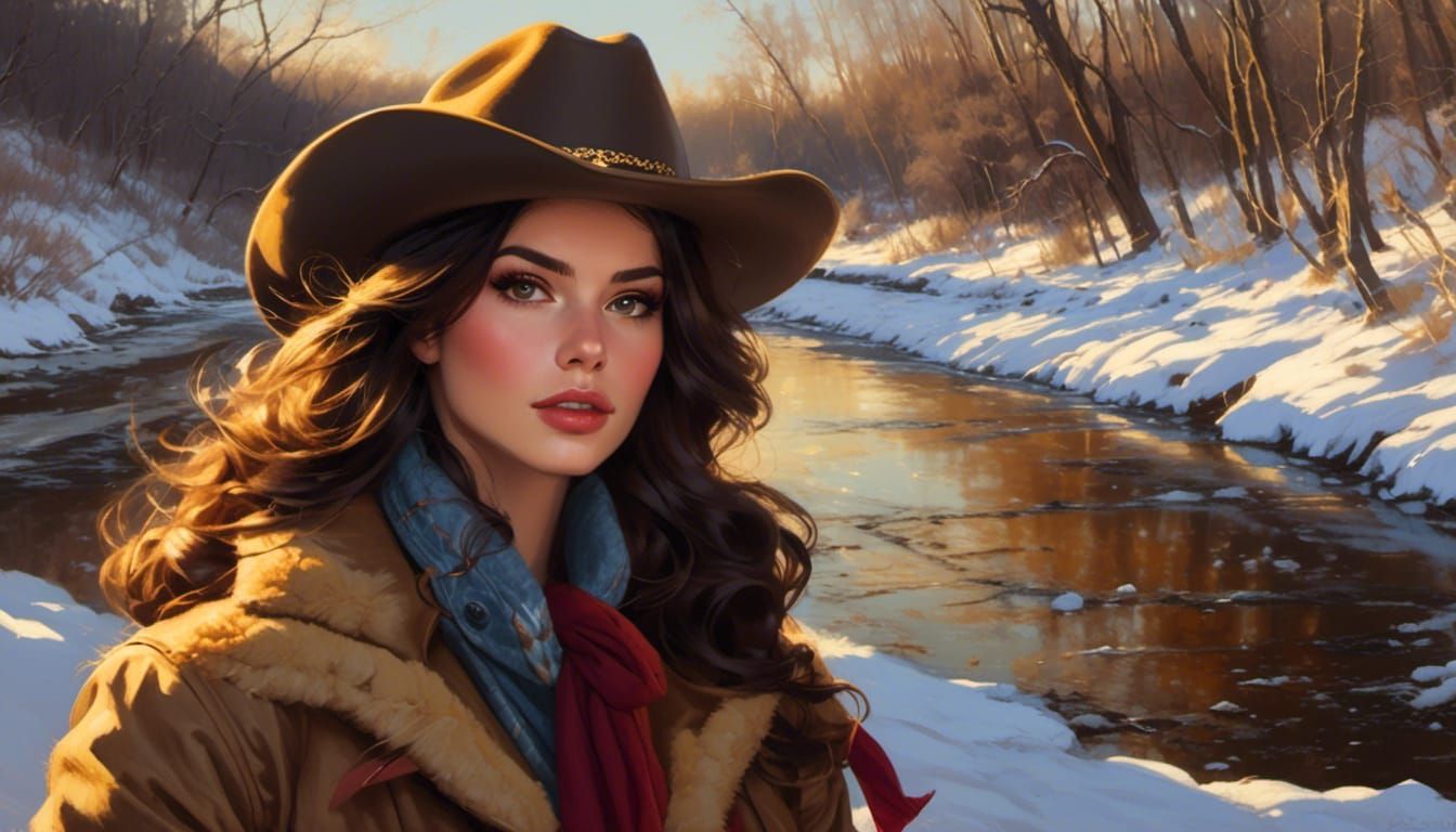 Beautiful Brunette Cowgirl Gold Panning Oil Painting