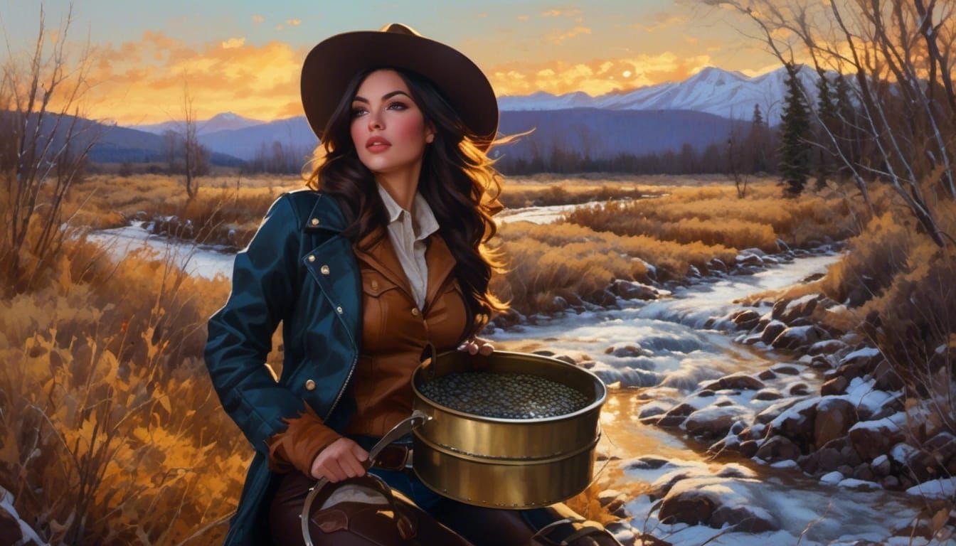 Brunette Cowgirl Panning Gold: Oil Painting Style