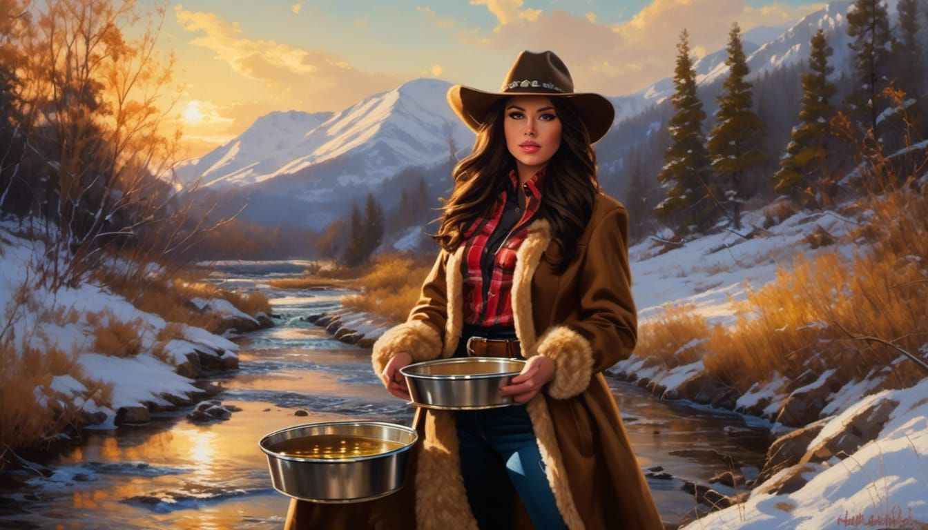 Brunette Cowgirl Gold Panning Oil Painting