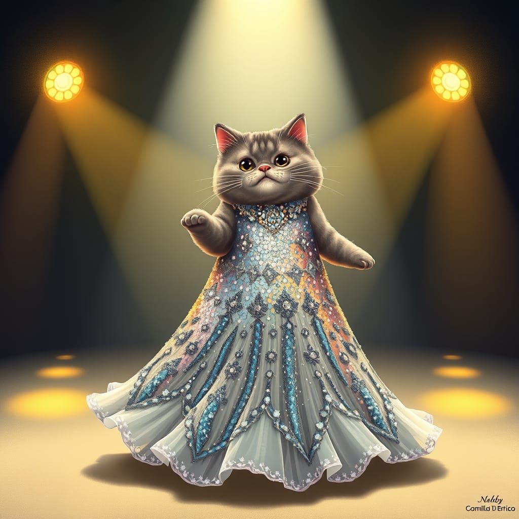 Whimsical Cat Diva Under Spotlight