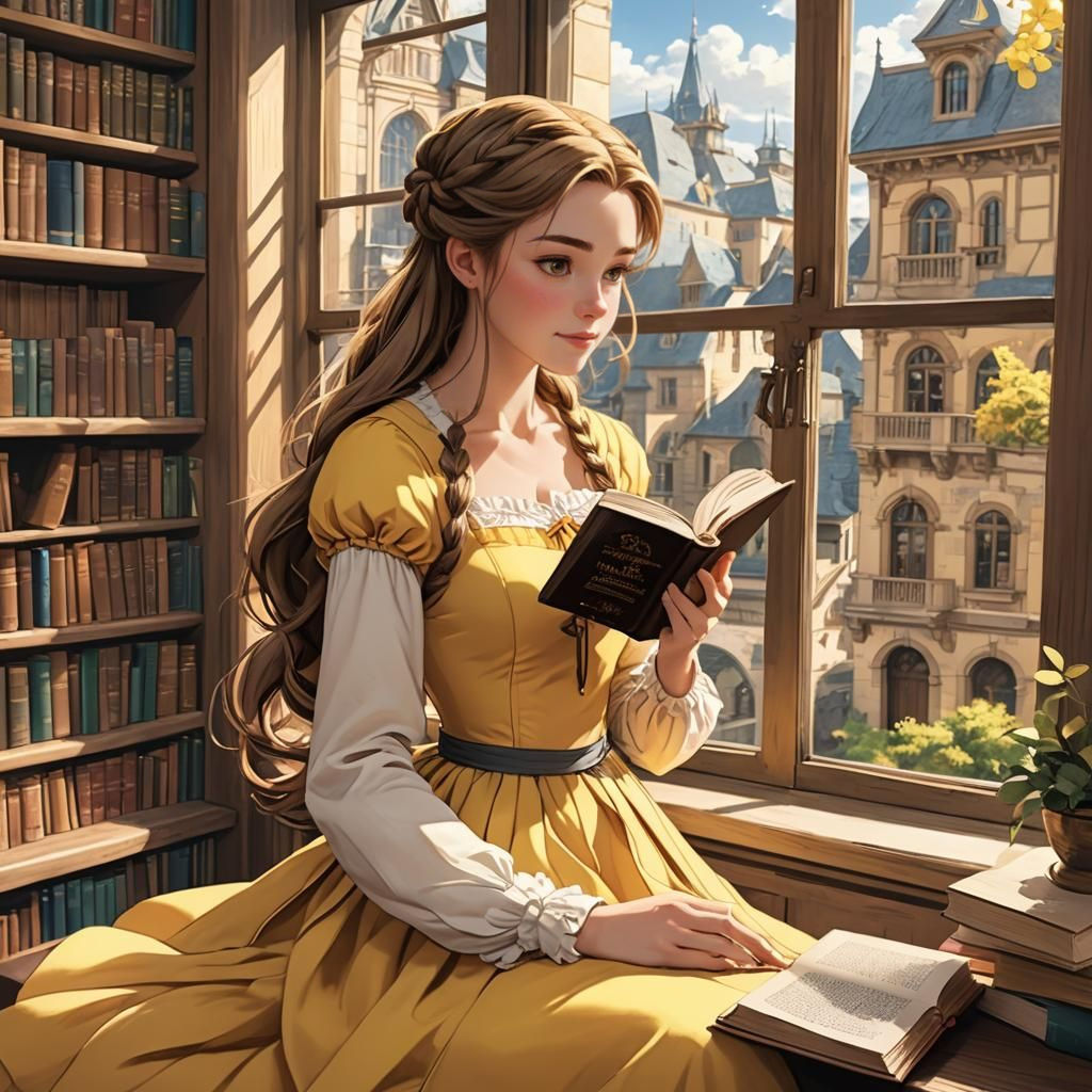 Anime Girl Reading in Library, Cel-Shaded Style