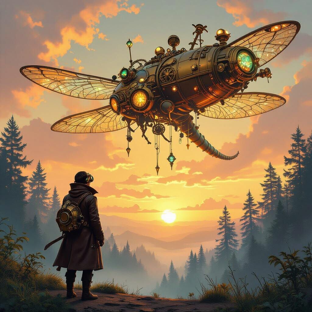 Steampunk Airship Over Bioluminescent Forest, Digital Art
