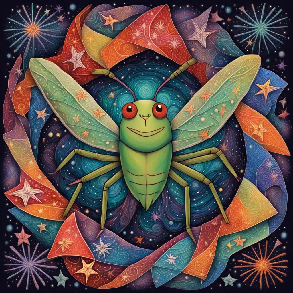 Cosmic Whimsy Cricket in Folk Art Style