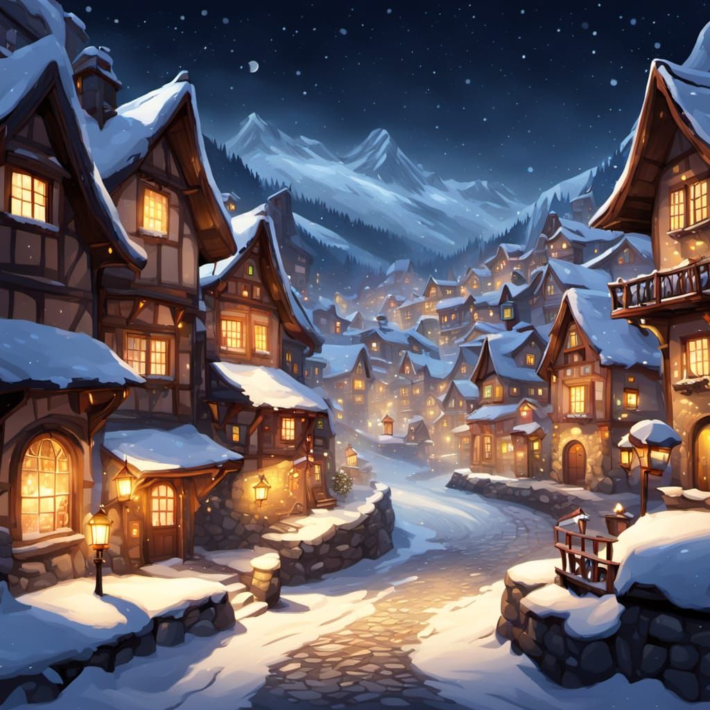 Snowy Alpine Village Lit by Lanterns at Night