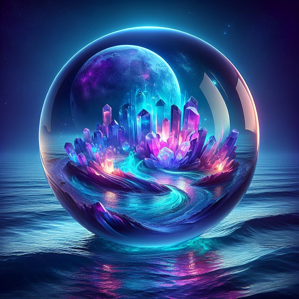 Amethyst Crystal Ball Floating on a Night Ocean
