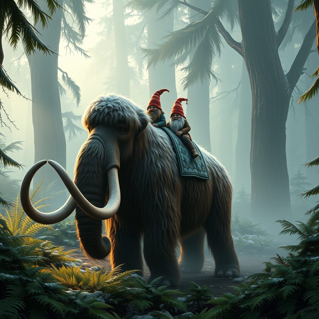 Gnomes Ride Woolly Mammoth in Prehistoric Forest