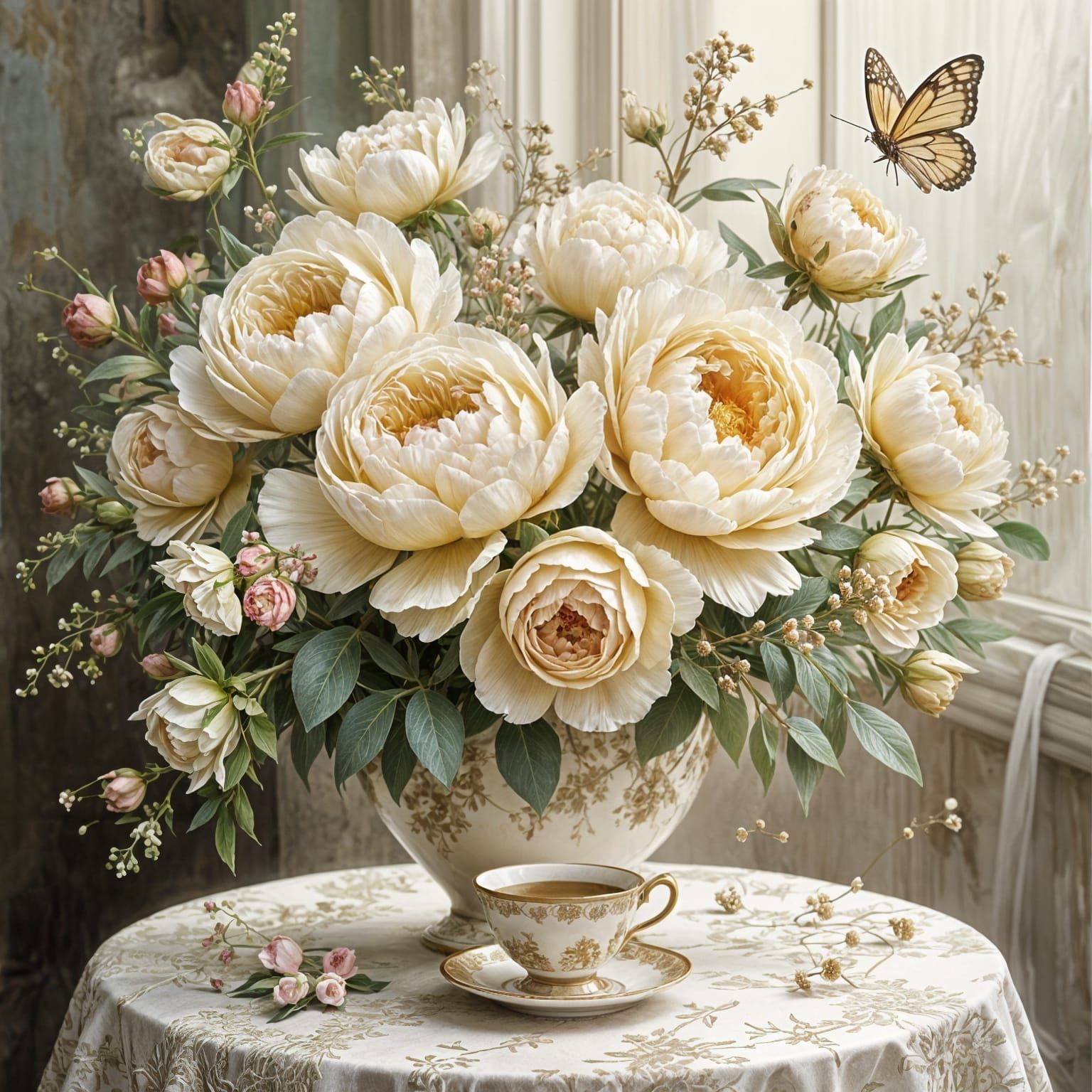 Elegant Peonies and Butterflies as a Serene Painting