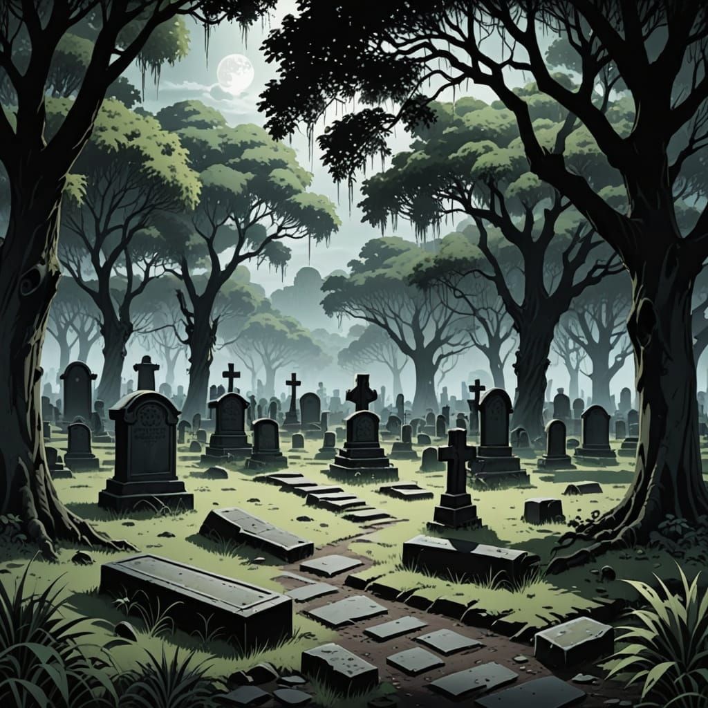 Ethereal Jungle Graveyard in Anime Style
