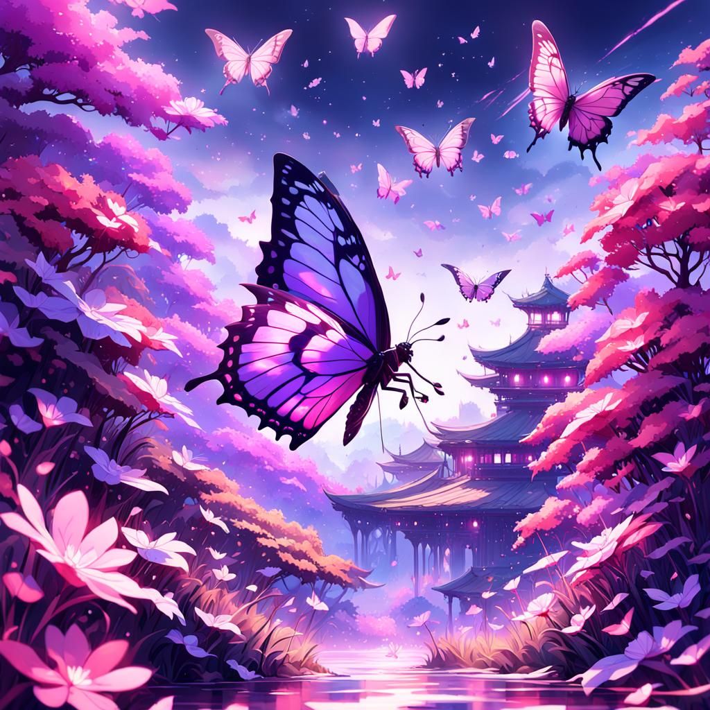 Magenta Butterflies in Anime Style
