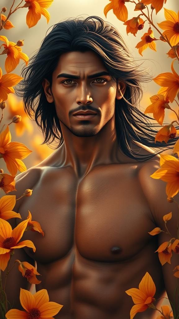 Indian Man Portrait with Autumn Flowers in Digital Art Style