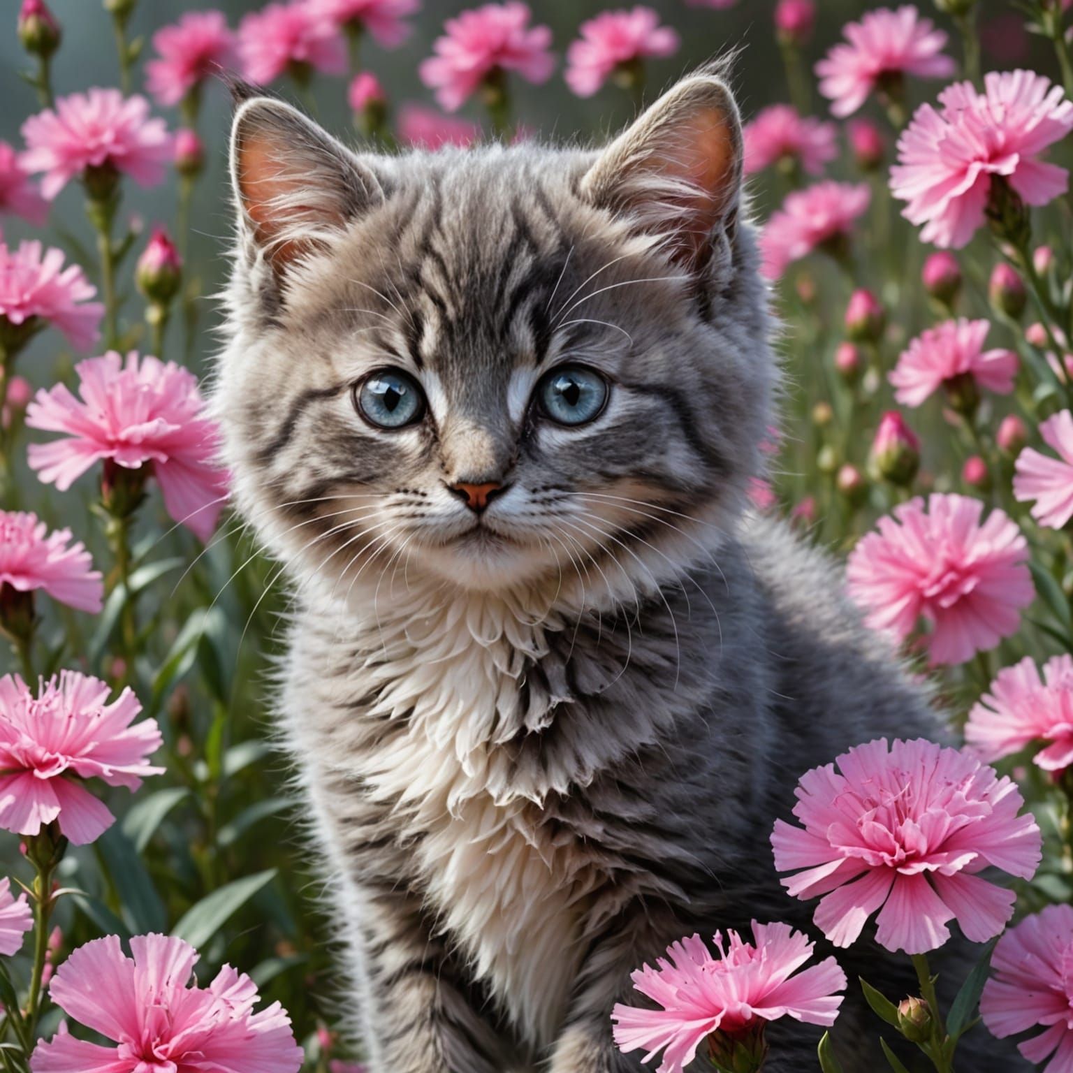 A Fluffy Kitten Surrounded by Vibrant Pink Blooms