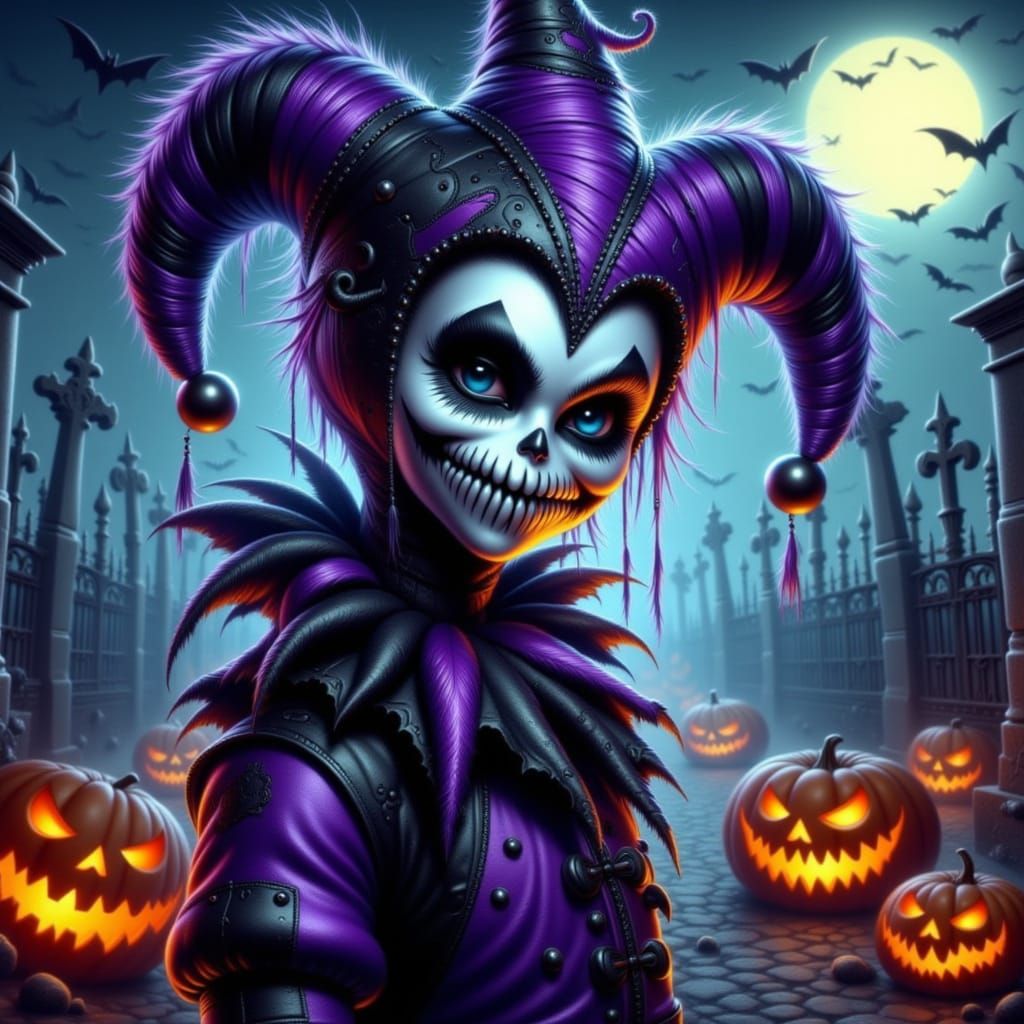 Halloween Jester in Spooky Graveyard Dark Fantasy Art