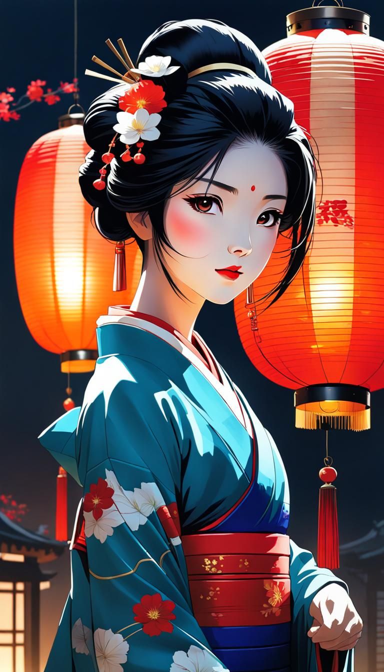 Lantern Geisha: Detailed Anime Style Digital Illustration