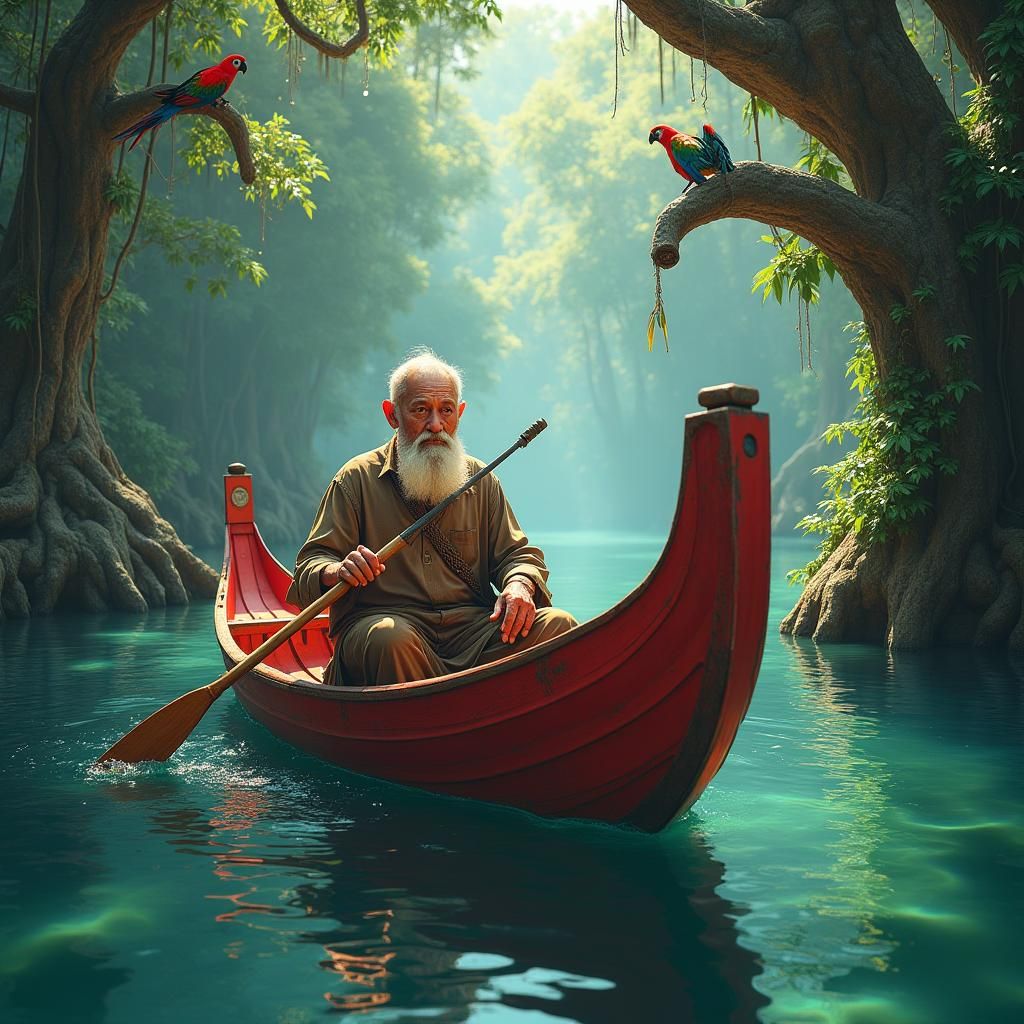 Crimson Jukung Boat Glides Through Tropical River