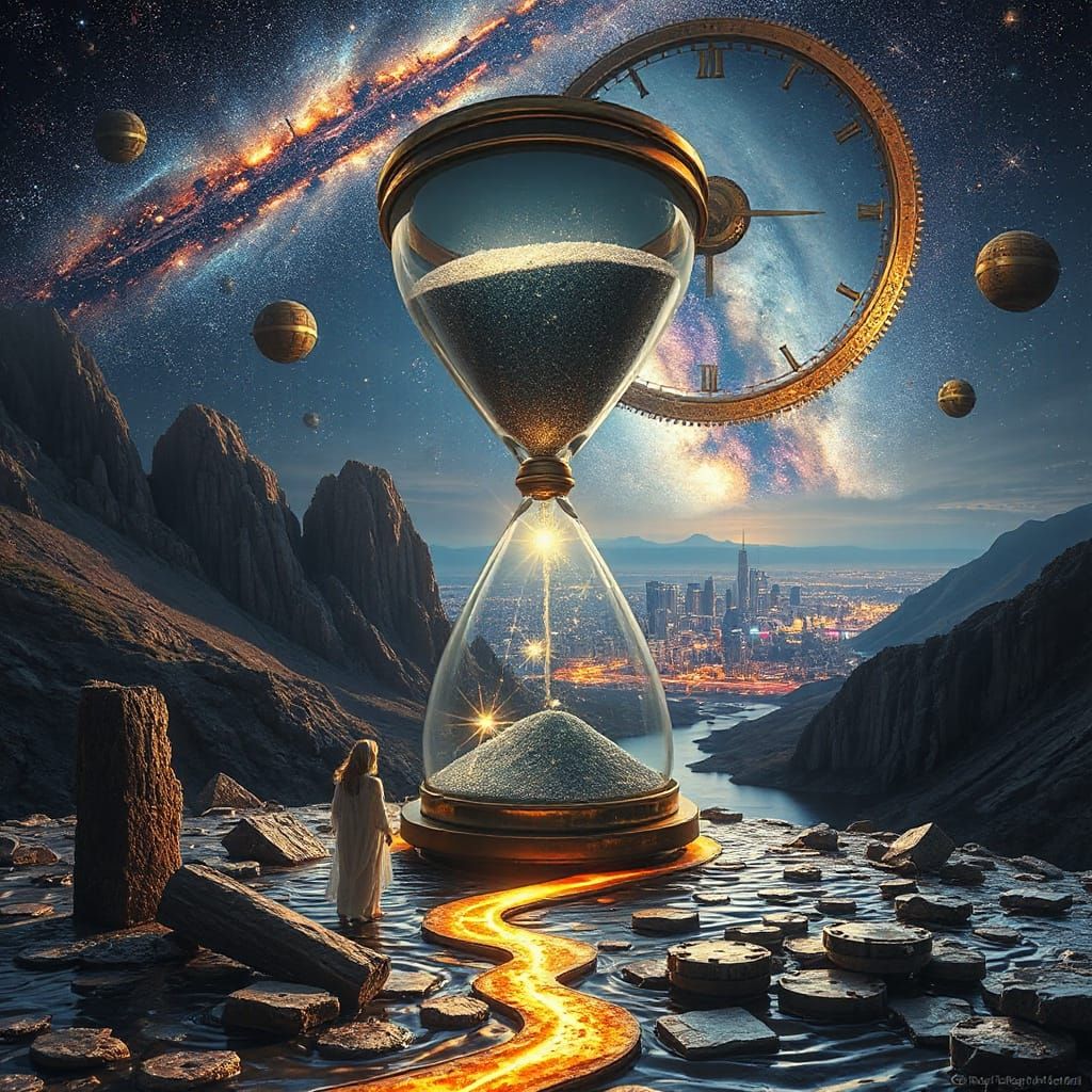Surreal Dreamscape with Cosmic Hourglass and Time River