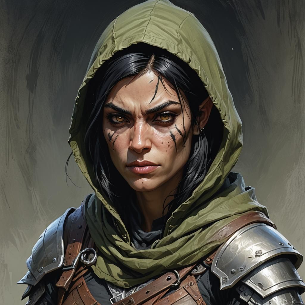 Sinister Half-Orc Rogue Portrait in Dark Fantasy Style