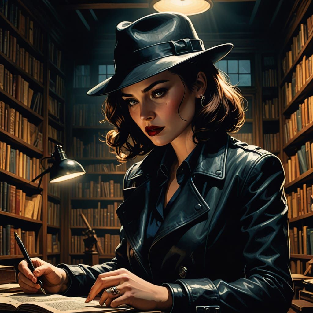 Film Noir Detective in Gothic Library