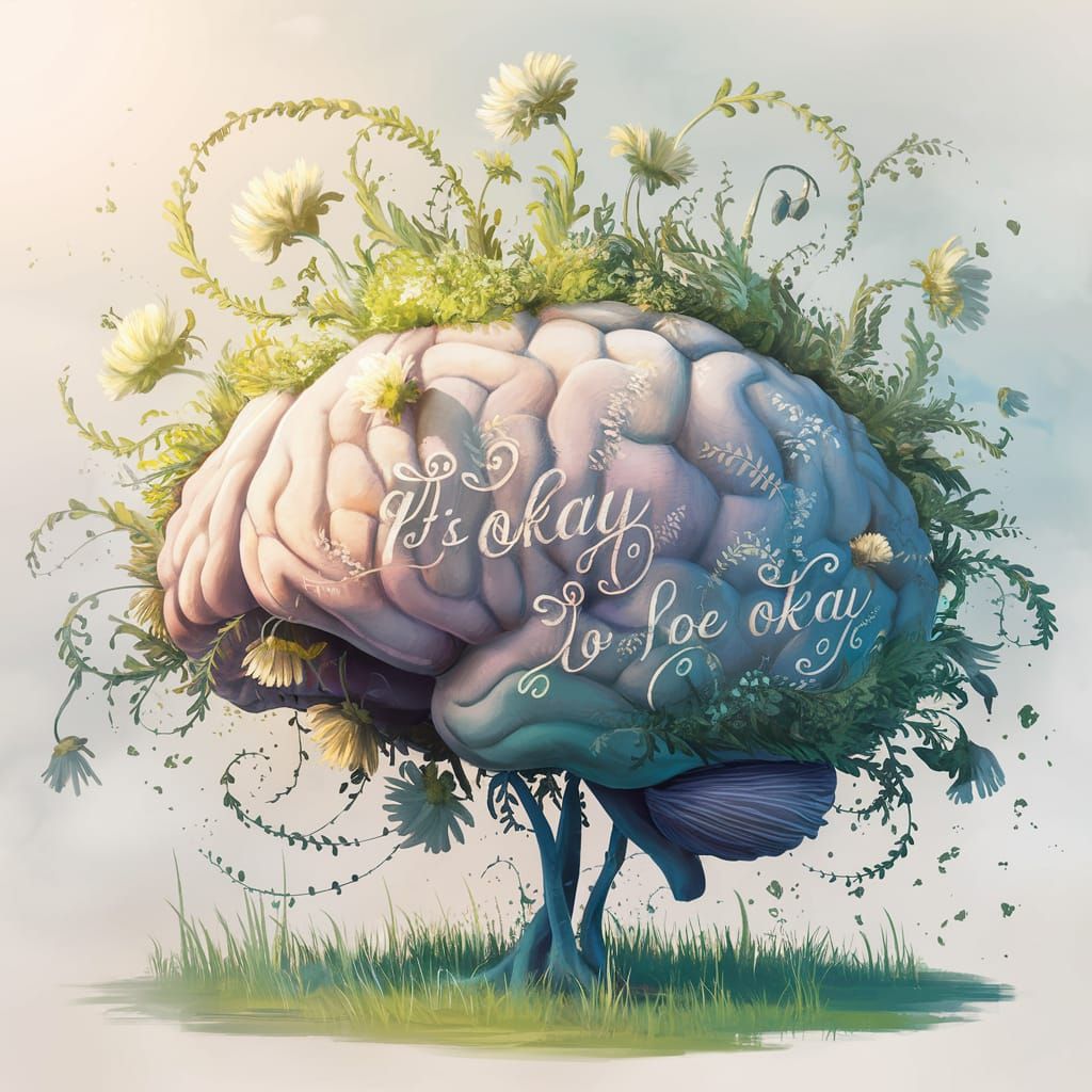 Hopeful Brain with Vibrant Flowers in Fantastical Art
