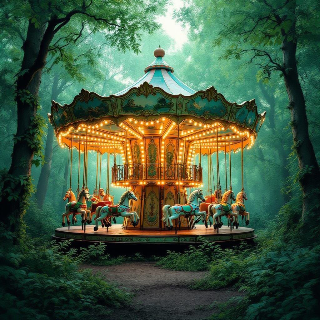 Enchanted Abandoned Carousel in Forest Glow