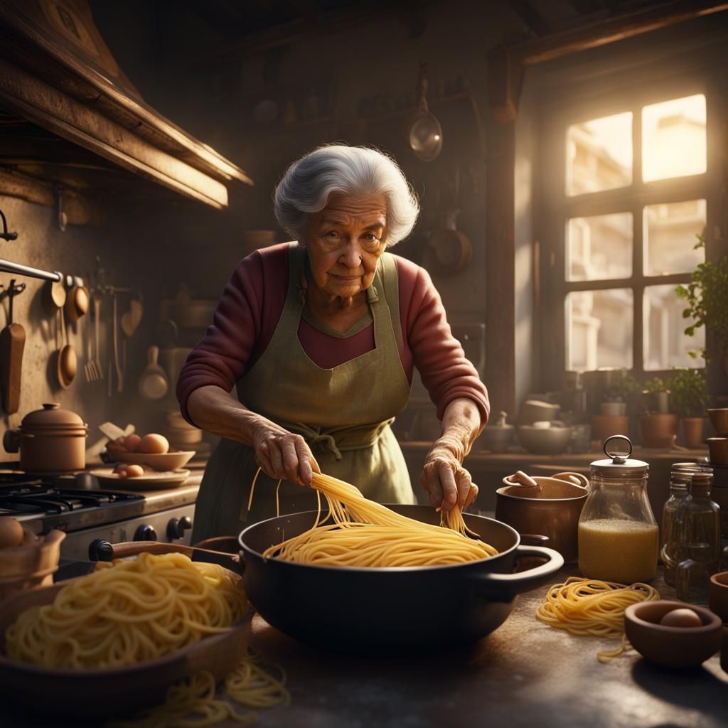 Nostalgic Italian Grandmother Cooking Pasta