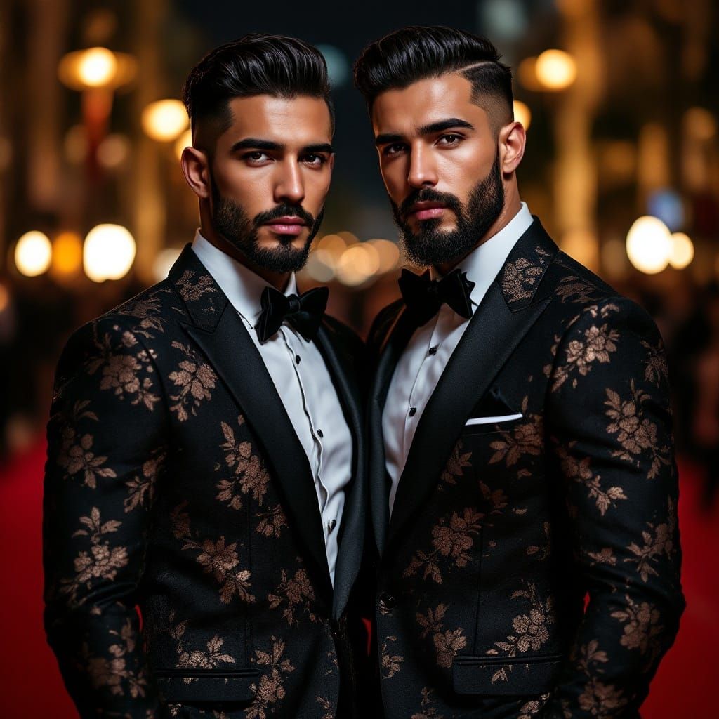 Elegant Latino Couple in Black Lace Suits Shine on Red Carpe...