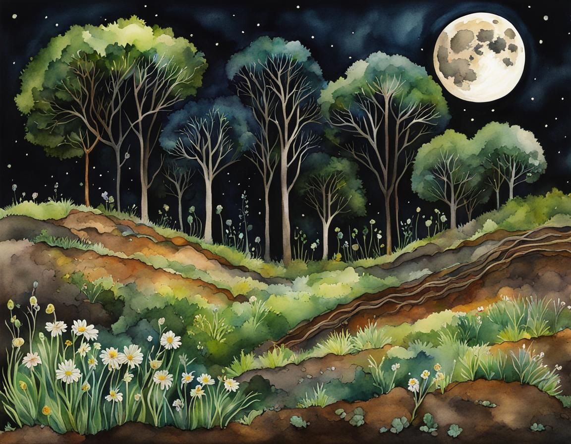 Full Moon Illuminates Earth in Watercolor