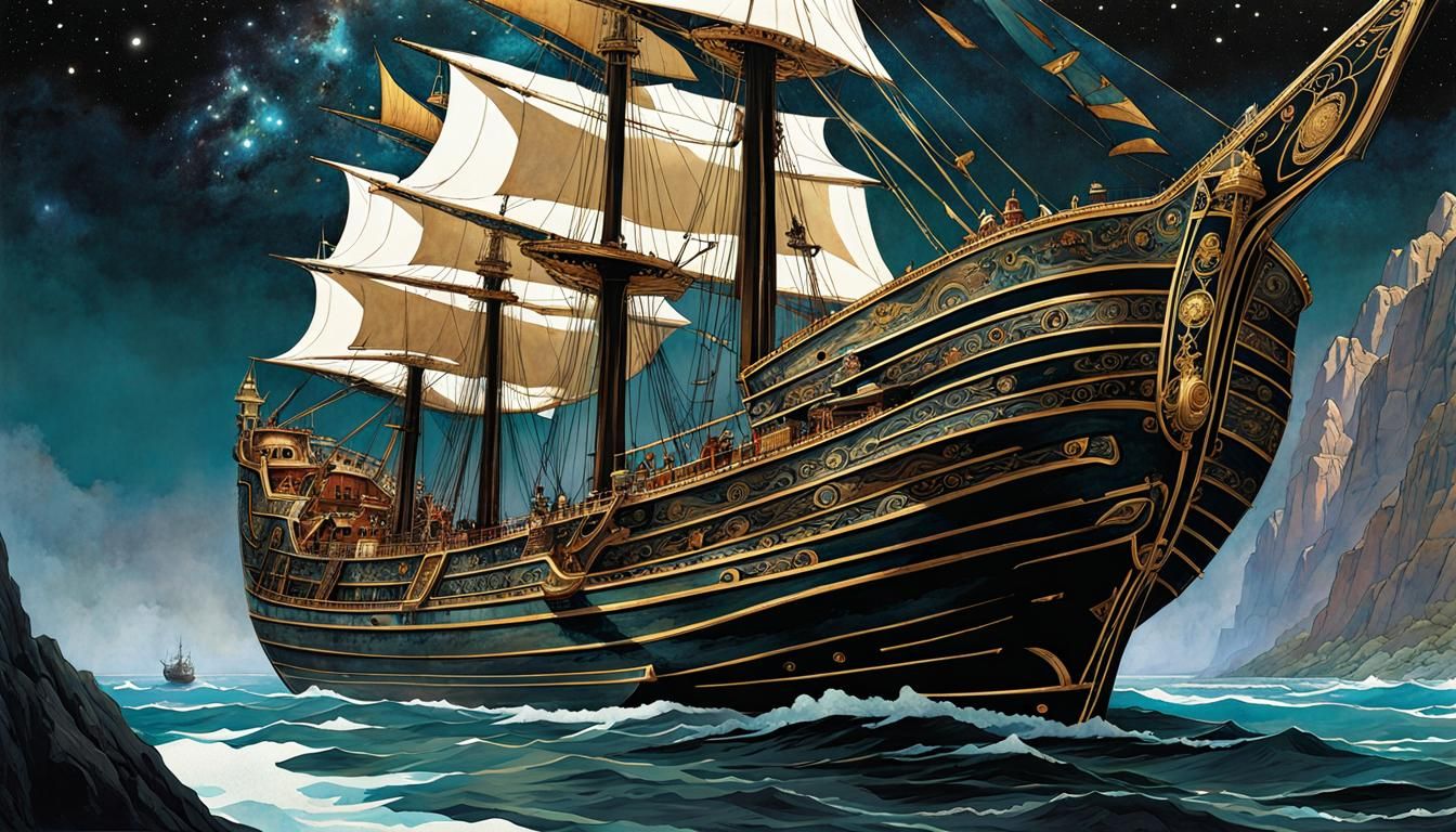 Argo Sailing in Atmospheric Watercolor Art