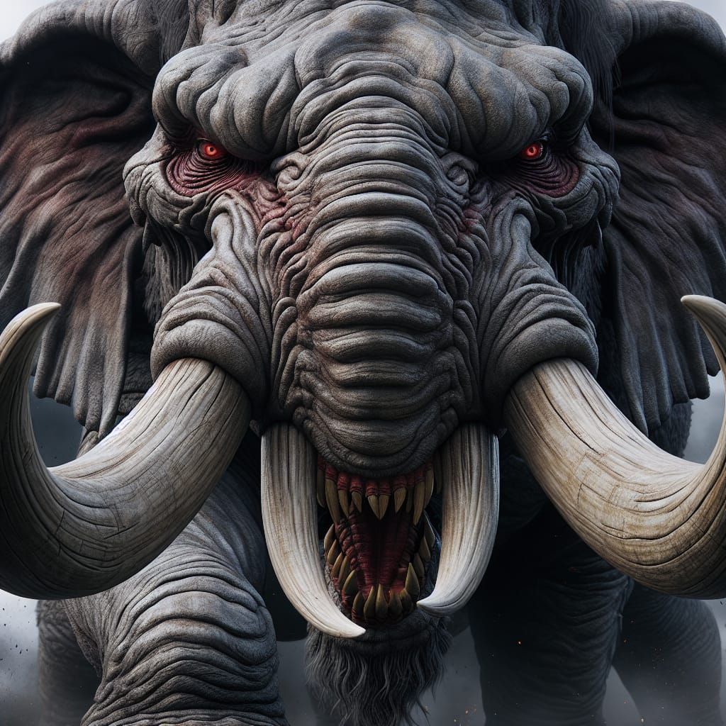 An evil elephant with razor teeth, red eyes, charging