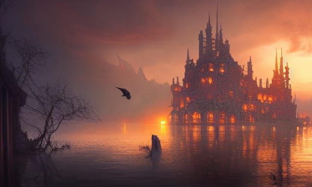 Sinister Babel Castle in Mixed Media Style