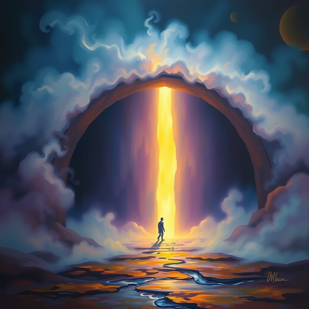 Surreal Archway Portal with Ethereal Light and Mist