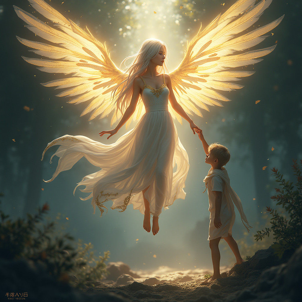 Winged Angel Protecting Child: Anime 3D Art