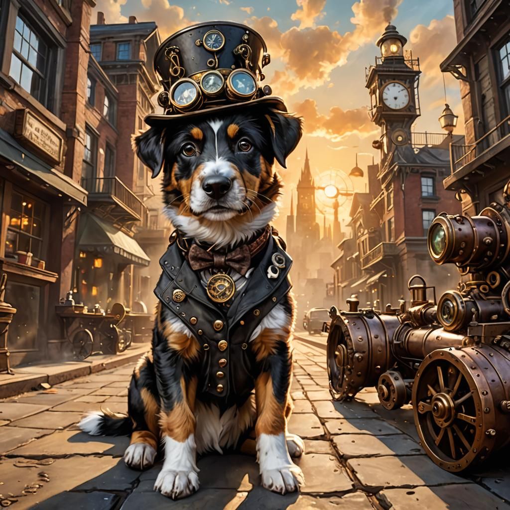 Steampunk Puppy Adventure in Victorian Cityscape