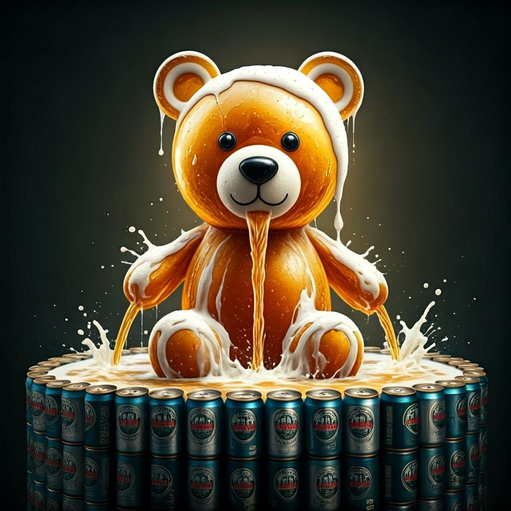 Liquid Beer Teddy Bear Fountain, Digital Art
