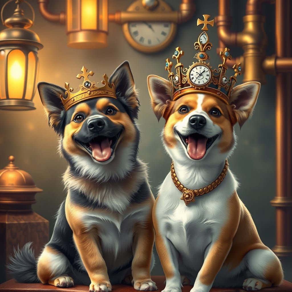 Joyful Canine Monarchs in Whimsical Steampunk Court