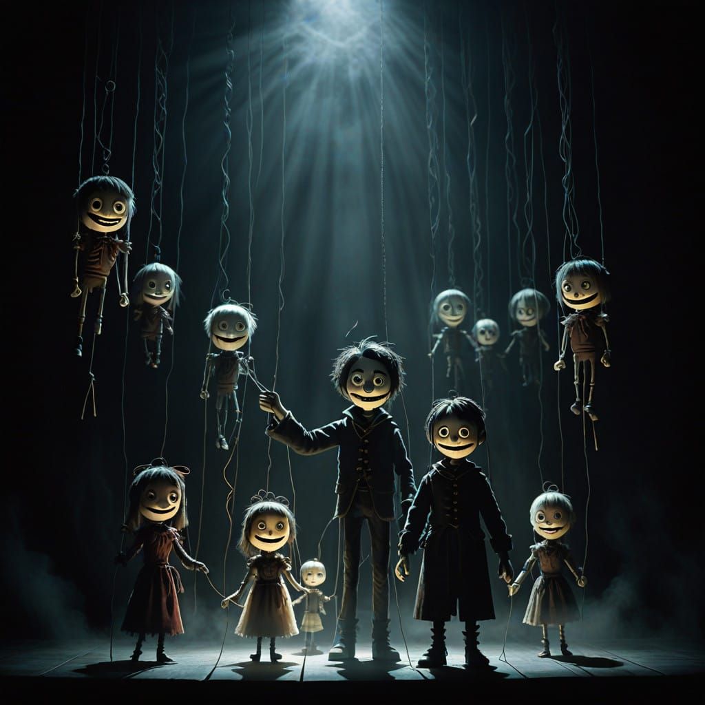 Puppeteer Masters Haunting Marionettes in Dark Theater