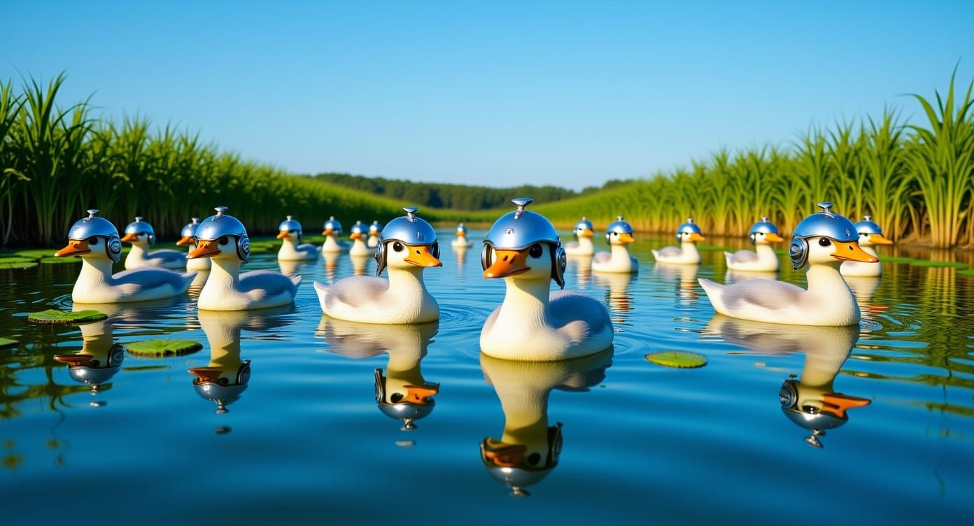 Ducks in VR Headsets Swim on Serene Lake