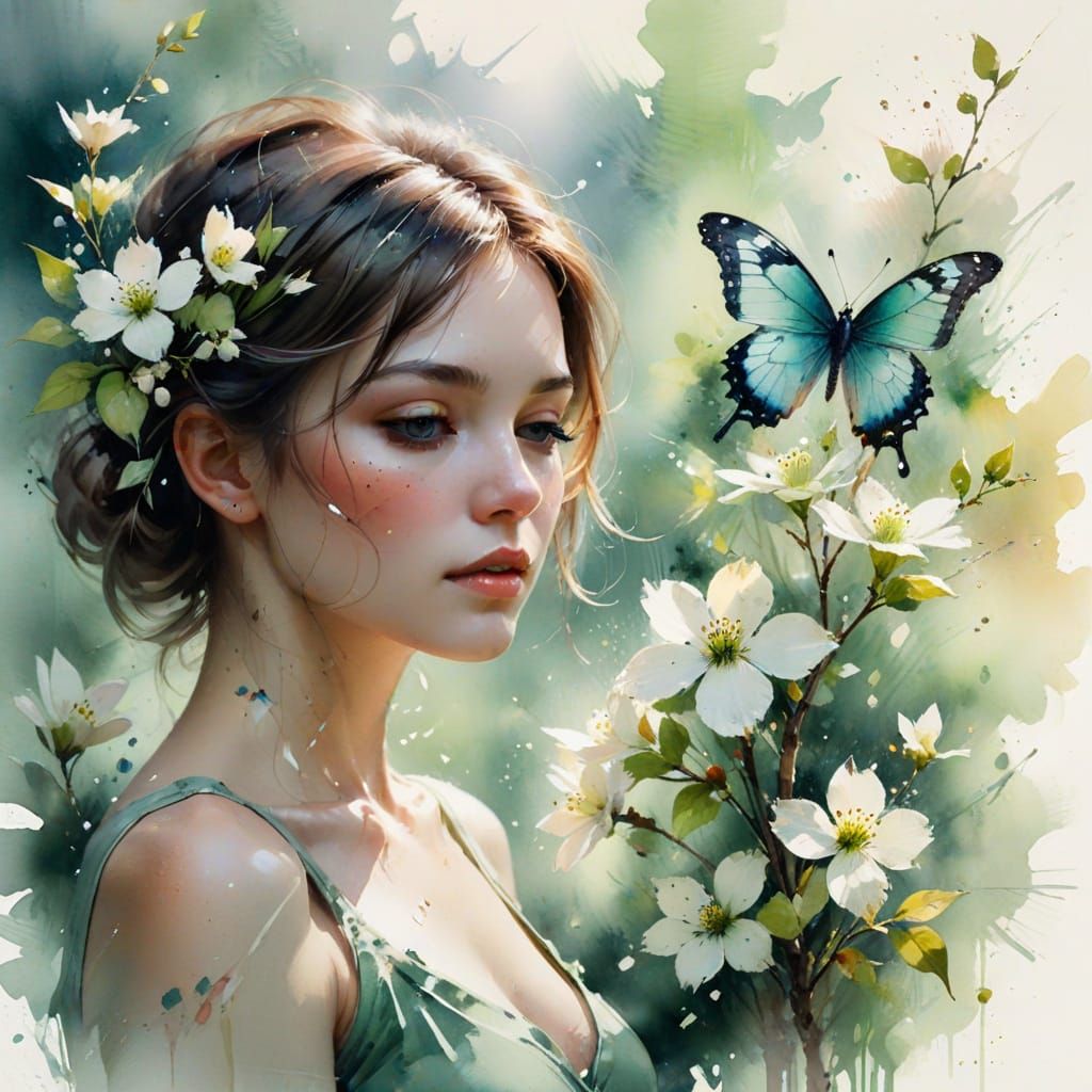 Ethereal Watercolor Butterfly on Branch