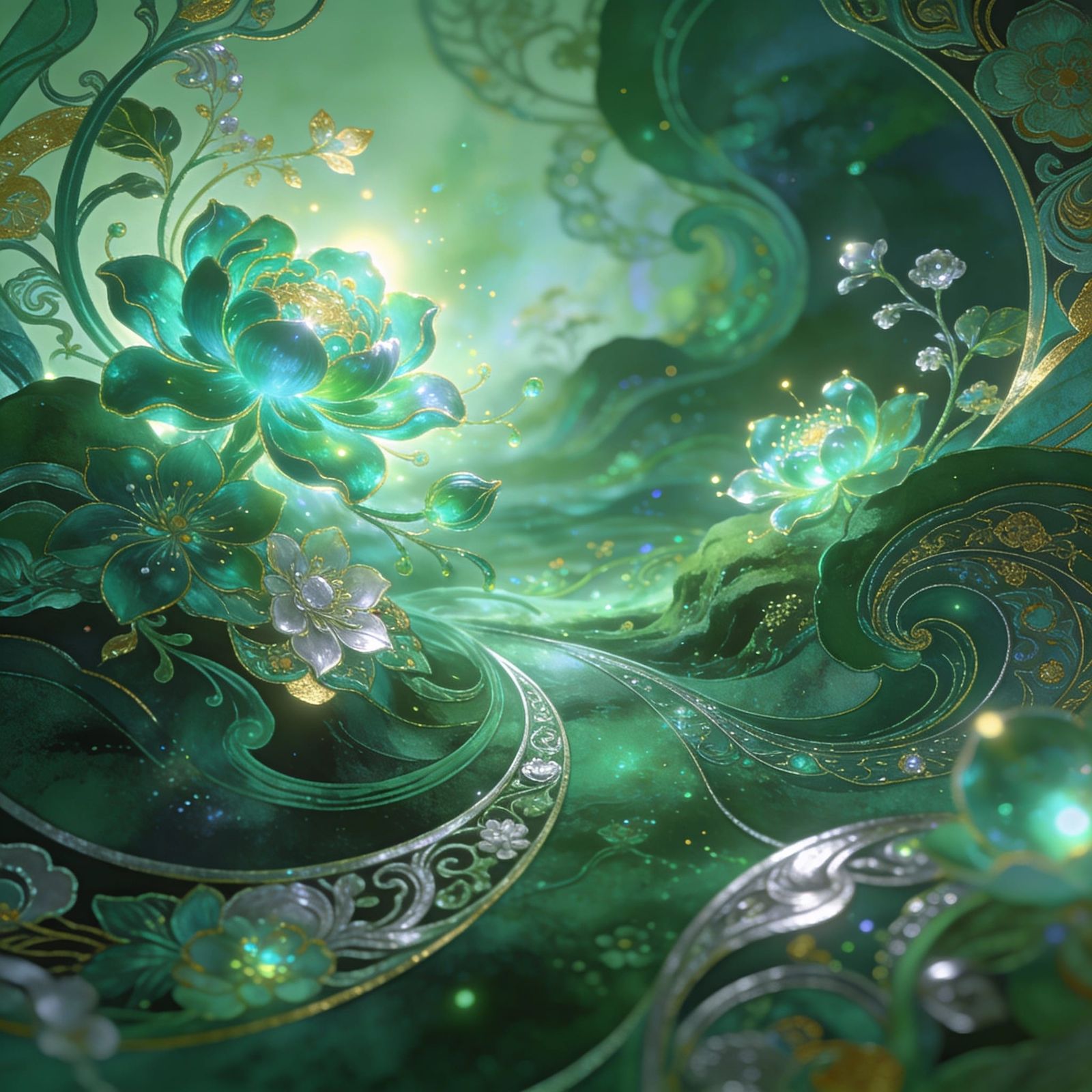Ethereal Verdant Landscape with Luminous Flora