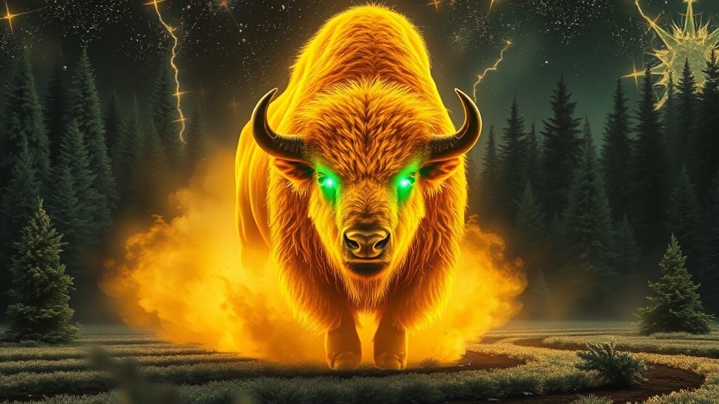 Golden Bison Charges Through Psychedelic Landscape