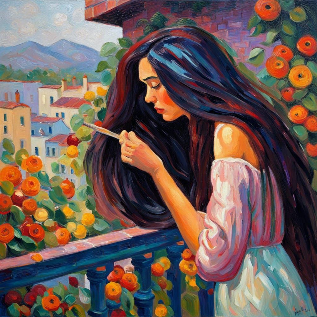 Woman on Balcony: An Impressionist Oil Painting