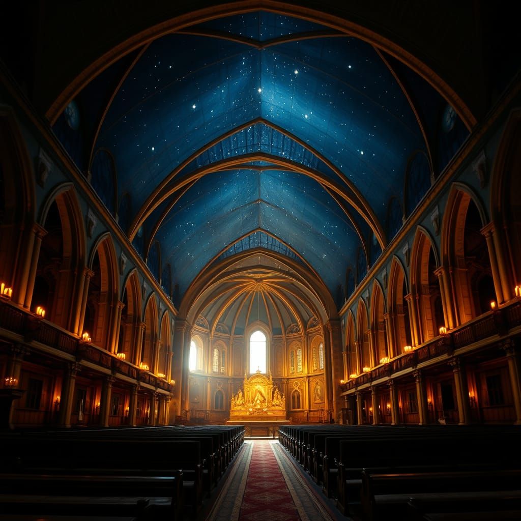 Majestic Cathedral Hall with Vaulted Ceiling and Silver Star...