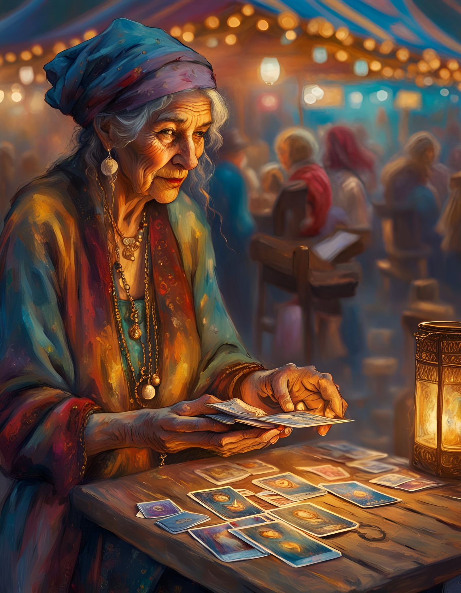 Gypsy Tarot Reader at Carnival, Impressionistic Oil Painting