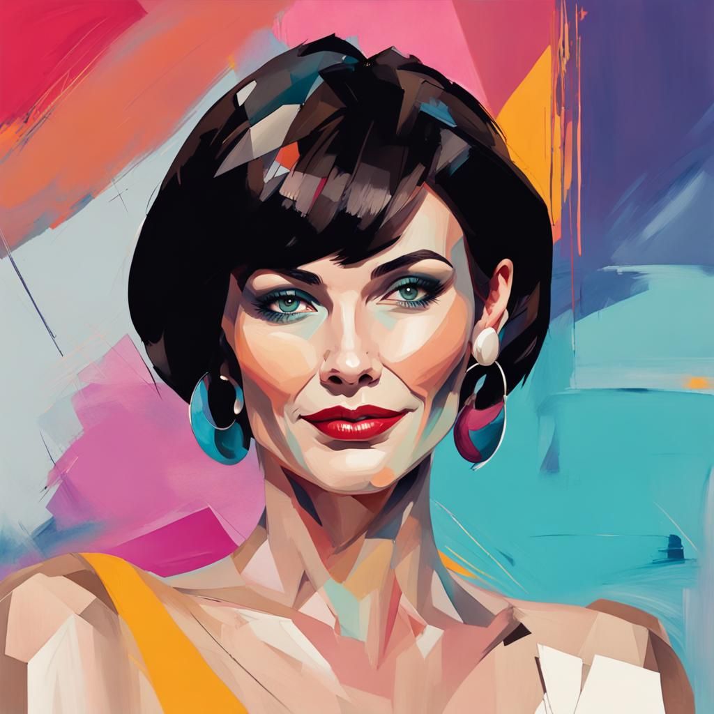 portrait sophisticated mature brunette high cheek bones wide mouth grin