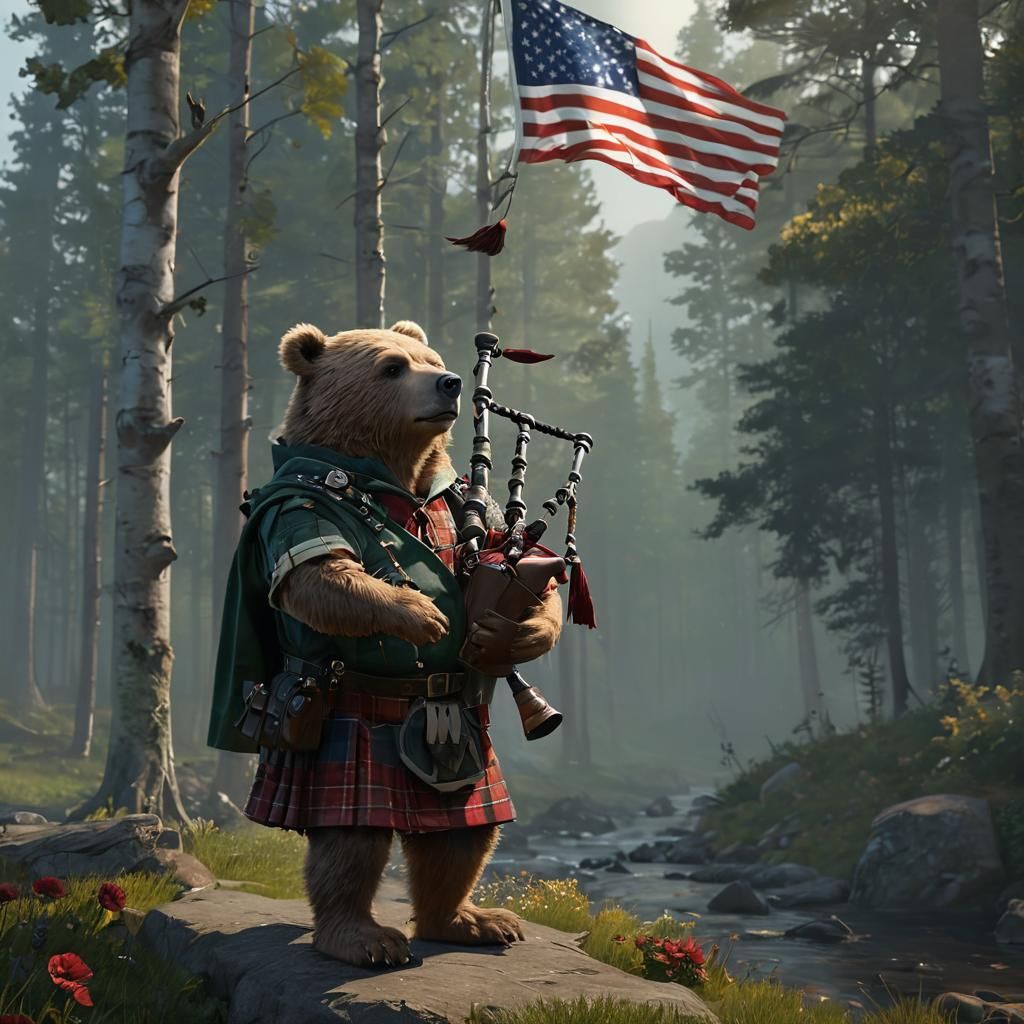 Kilted Bear Playing Bagpipes: Dark Fantasy Art