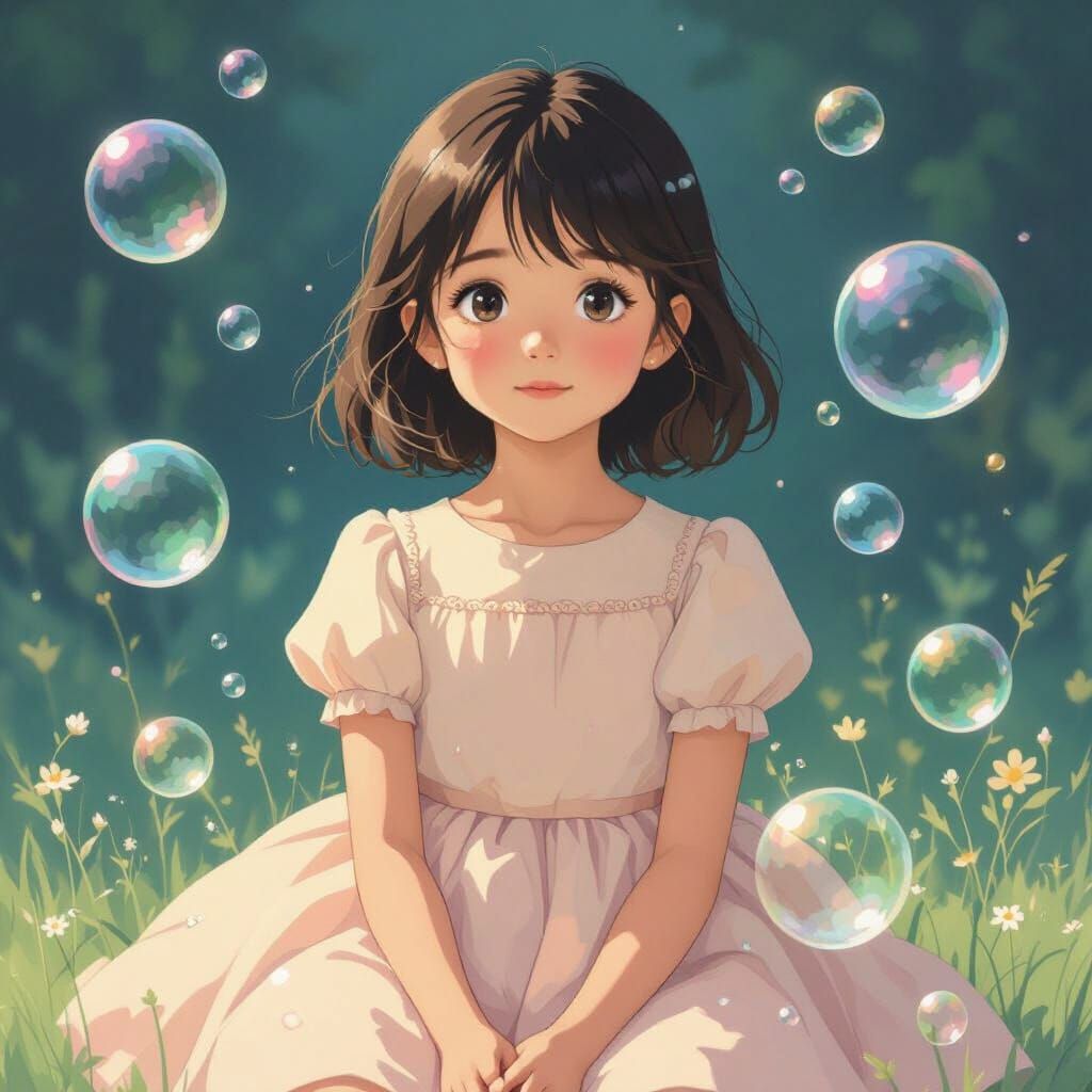 Girl with Bubble Messages in Whimsical, Romantic Style