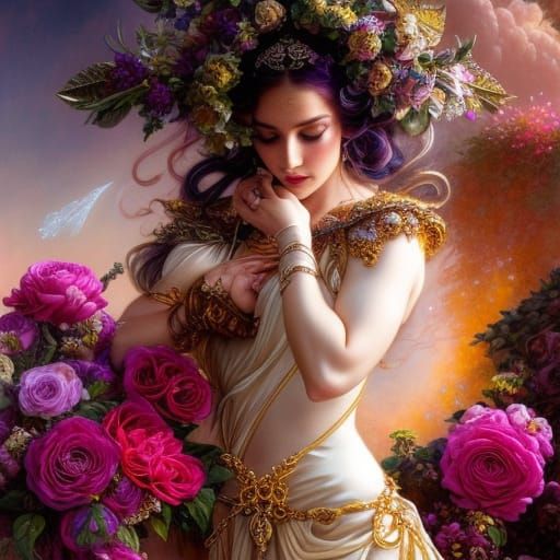 Radiant Woman in Roses Universe: Rococo Art