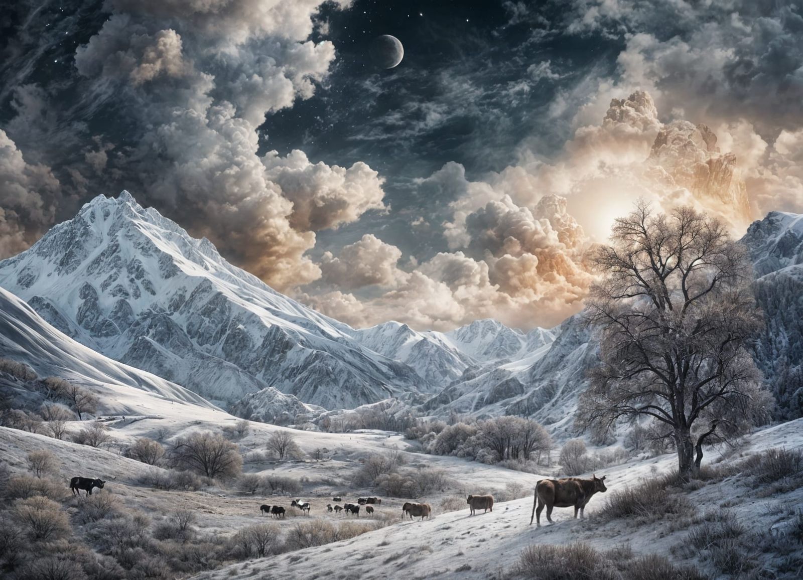 Hyperreal Landscape with Cows in Klimt Style