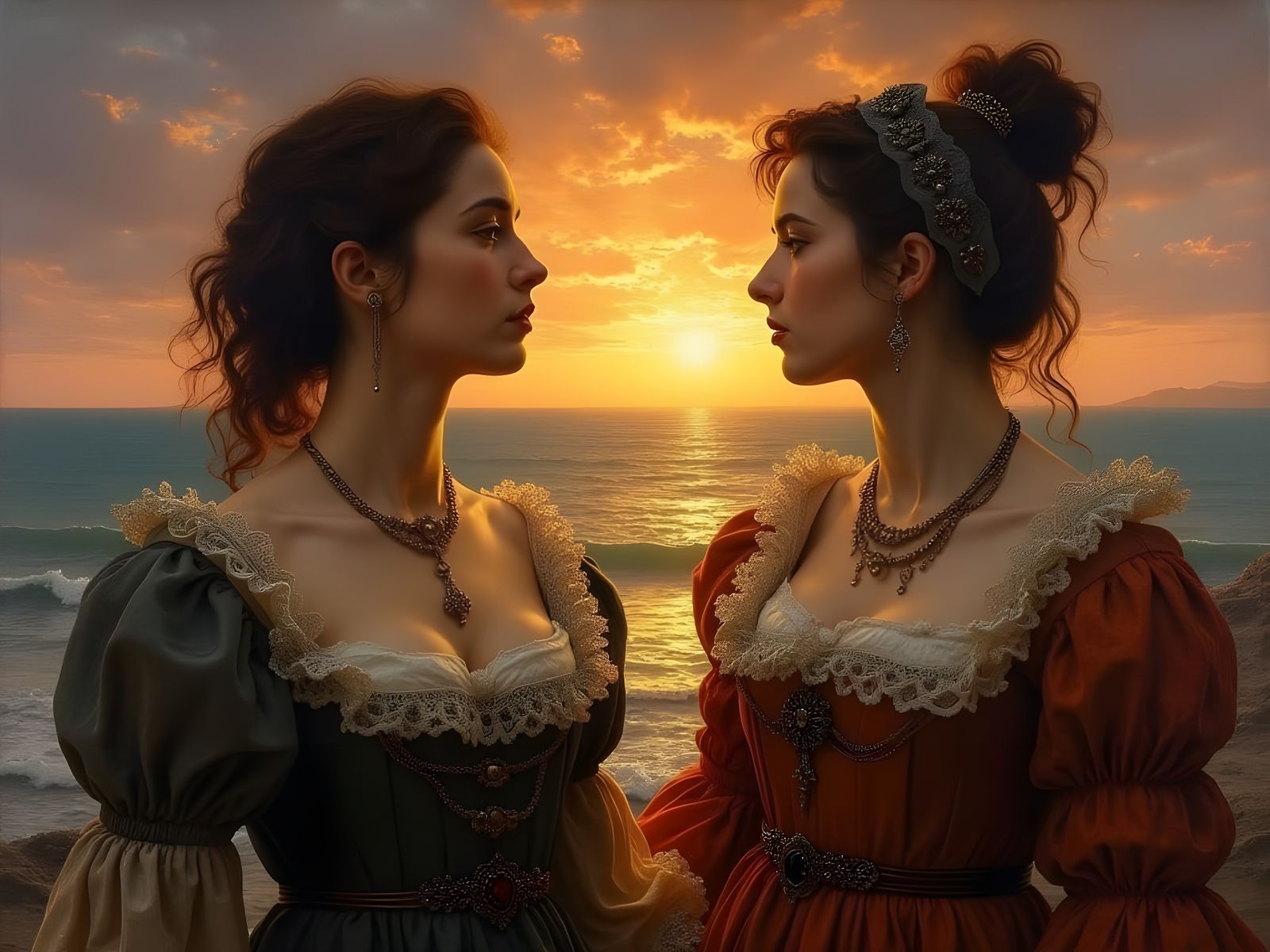 Women in Caravaggio-Style Sunset by the Seaside