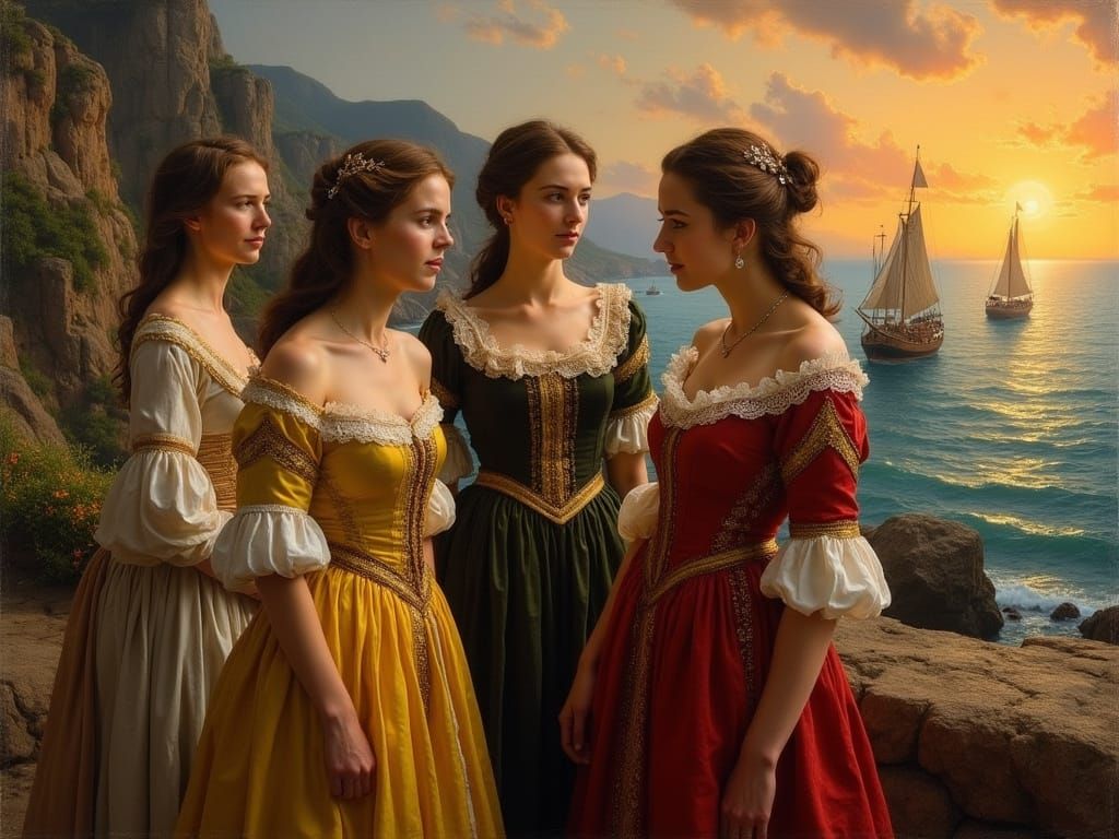 Golden Hour Goddesses at the Seaside in Caravaggio Style