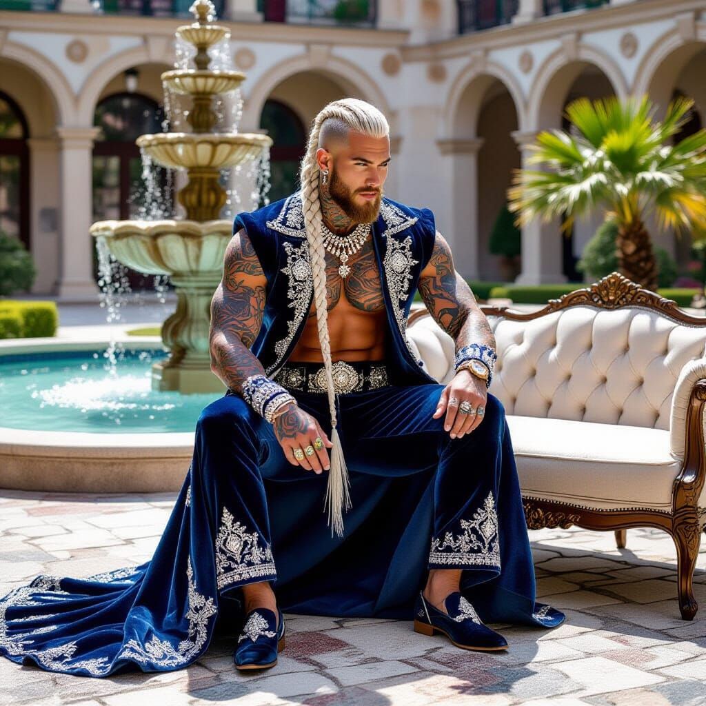 Viking Man in Blue Velvet Haute Couture with Face Tattoos